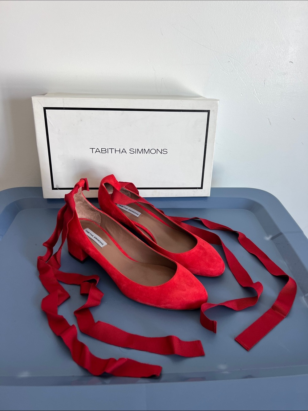 Tabitha Simmons red suede block low heel with ribbon wrap around ankle bows 37